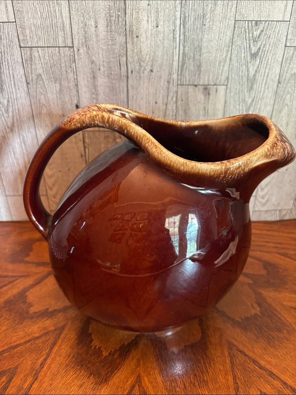 Glazed Brown Ceramic Pitcher with Ice Lip & Contrasting Rim - Home Serveware